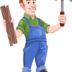 Animationsbild eines Handwerkers mit Holz und Hammer in der Hand